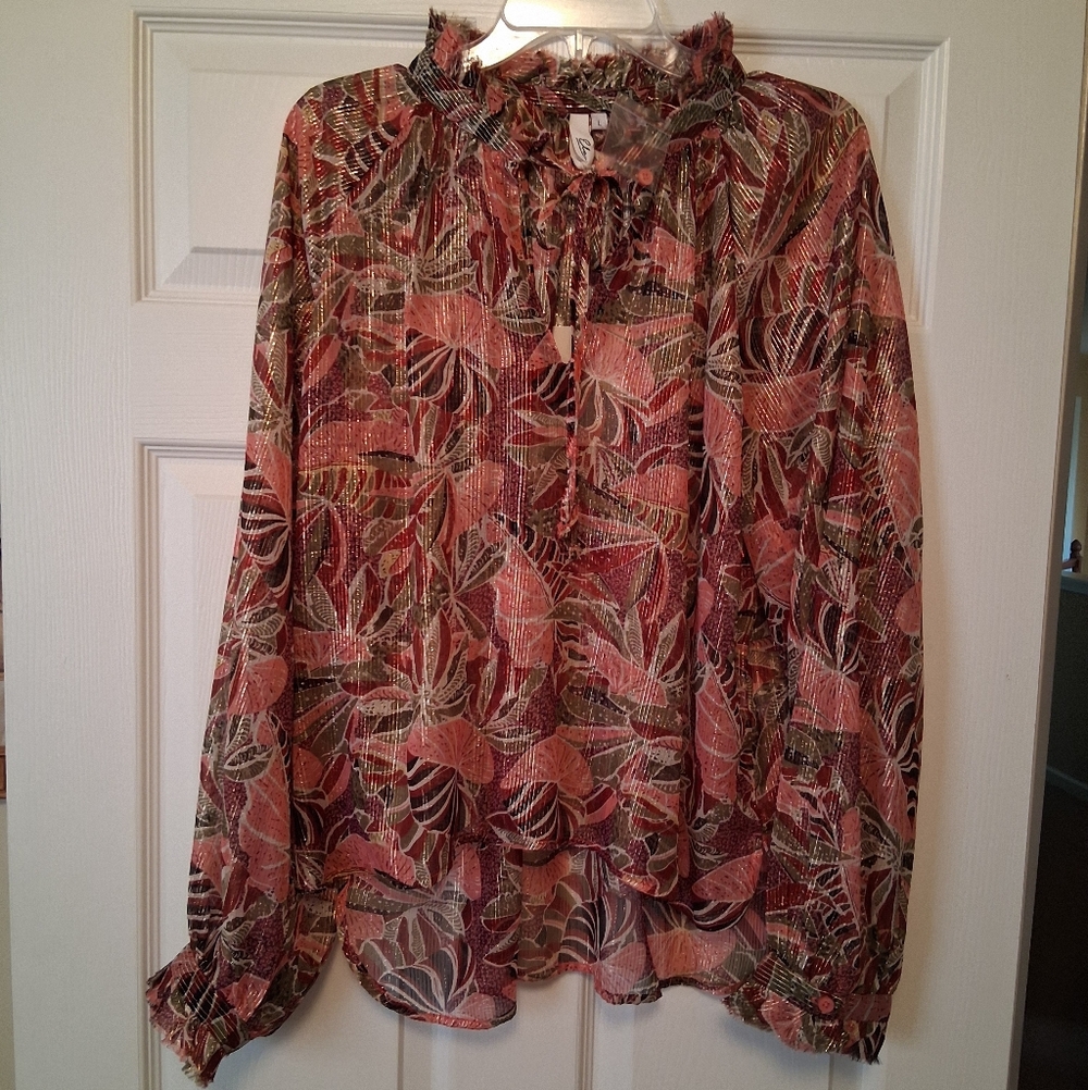 ELAN Palm Leaf Metallic Sheer Blouse. Large   NWT